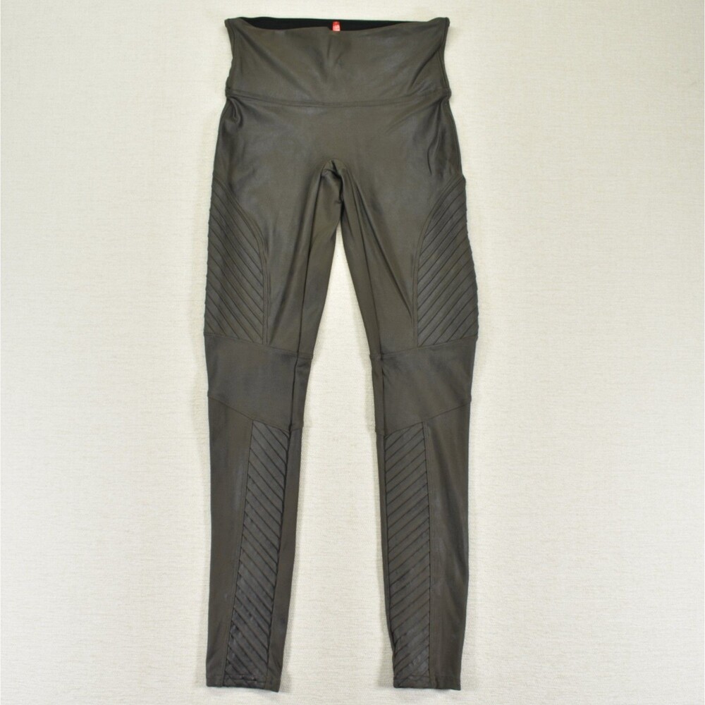 Spanx Faux Leather Moto Leggings Womens Medium M Green Gray High Rise Quilted